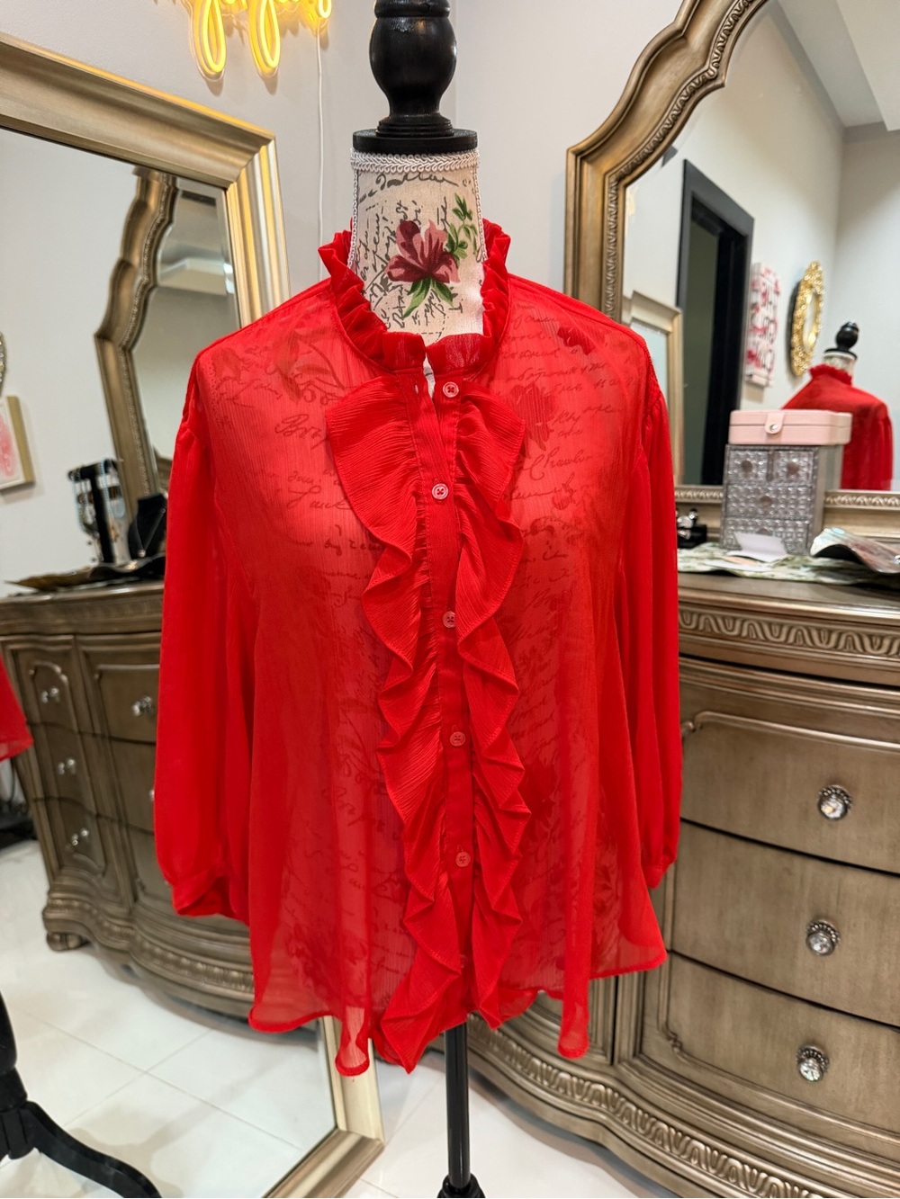Zara Red Sheer Ruffle-Front Blouse - Picture 4 of 7